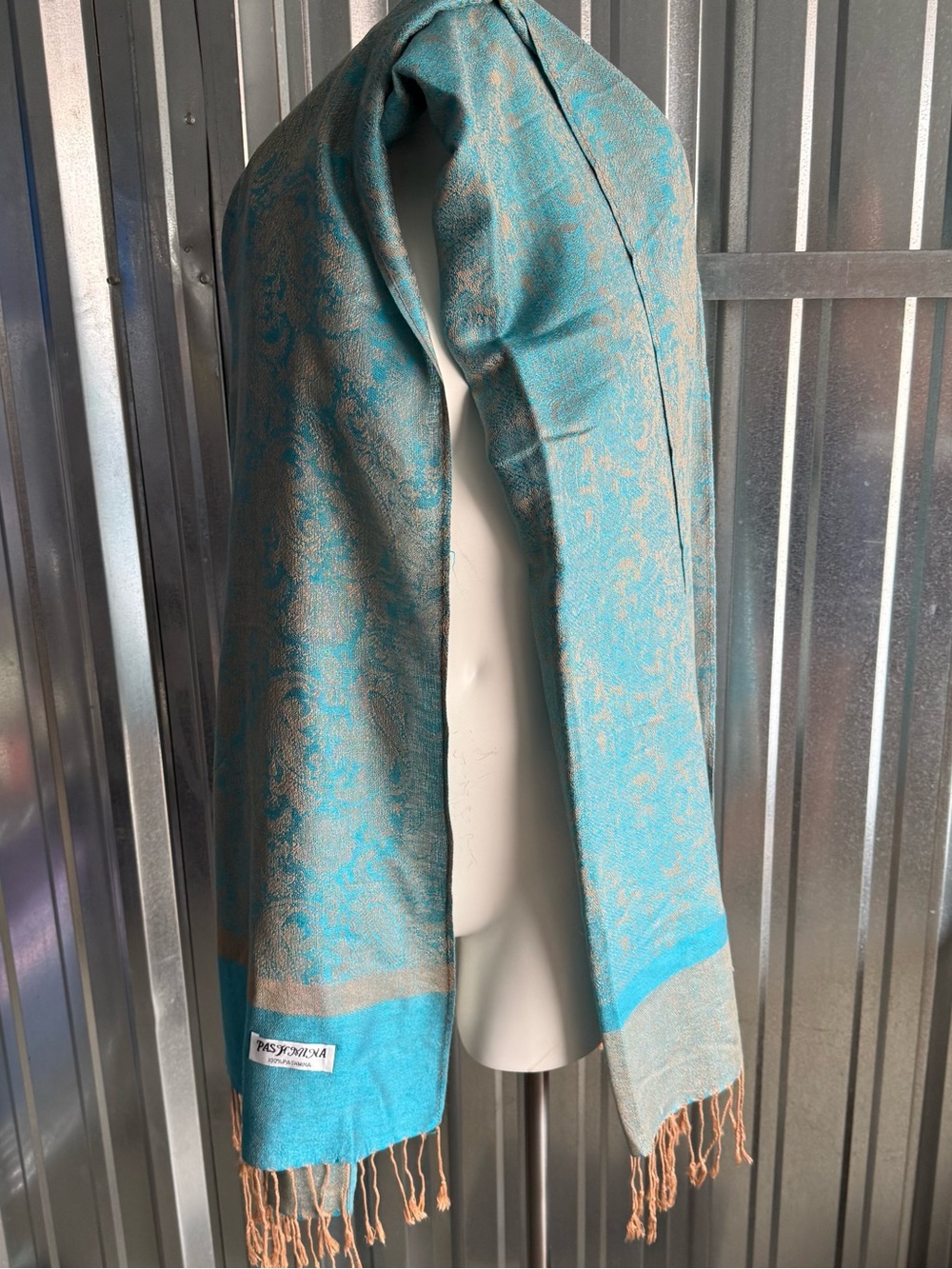 100% Pashmina Turquoise Paisley Fringe Shawl Wrap Scarf - Picture 8 of 8